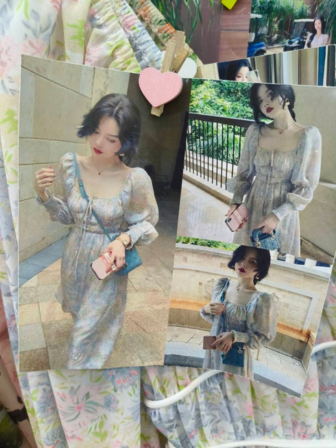 Summer Wide Neckline Aesthetic Bishop Sleeves Chiffon Maxi Dress